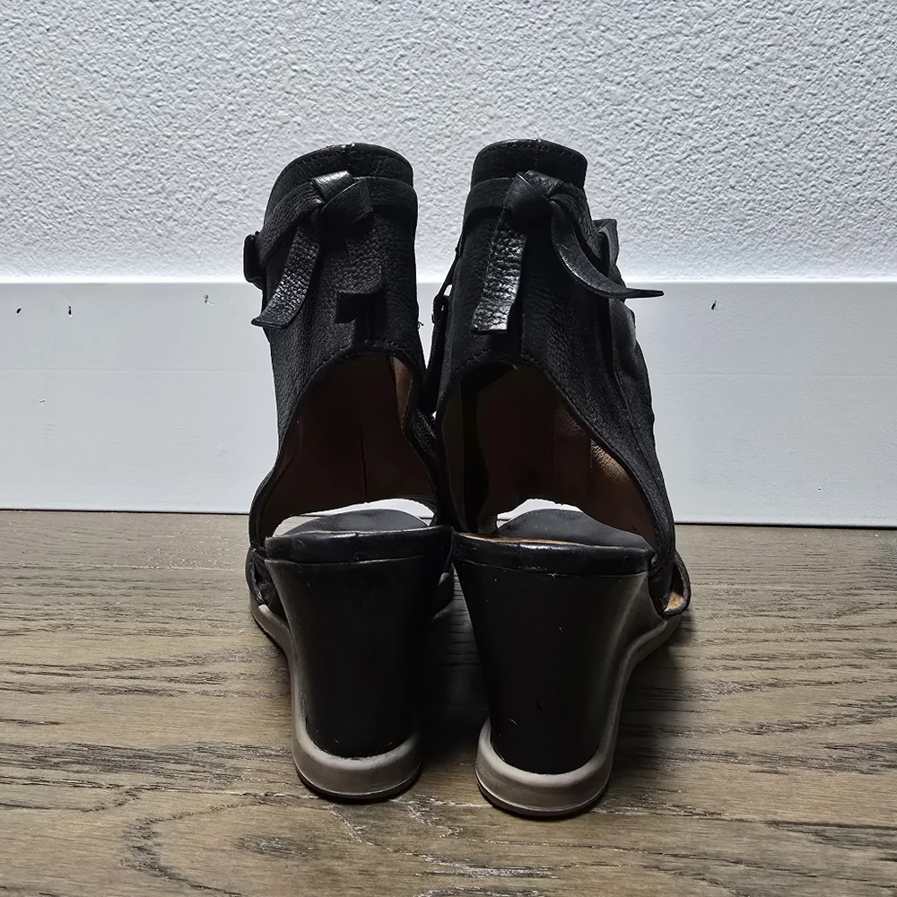 Miz Mooz Becca Encaged Open Toe Bootie Leather Sandal Wedge in Distressed Black